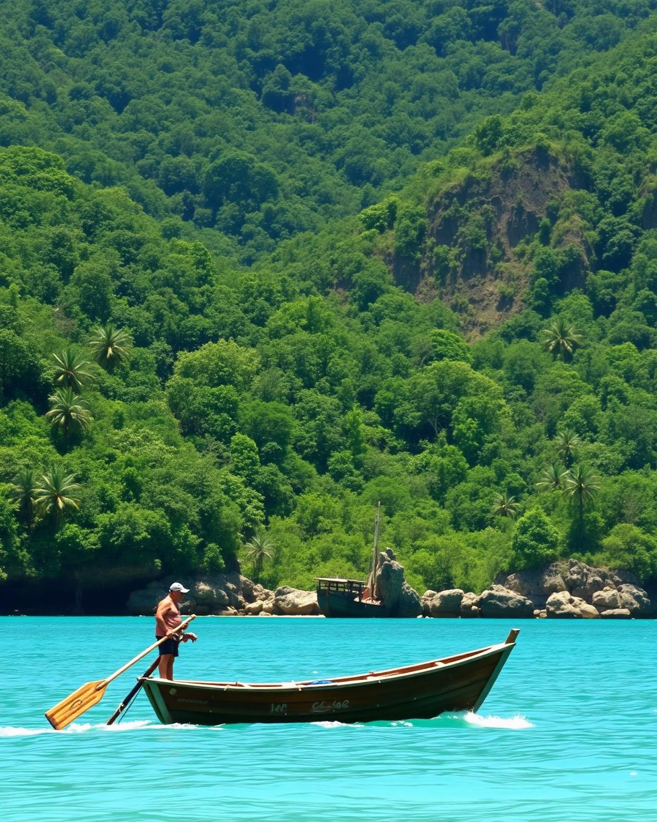 Wooden boat arriving at a jungle bay on the Colombian Caribbean